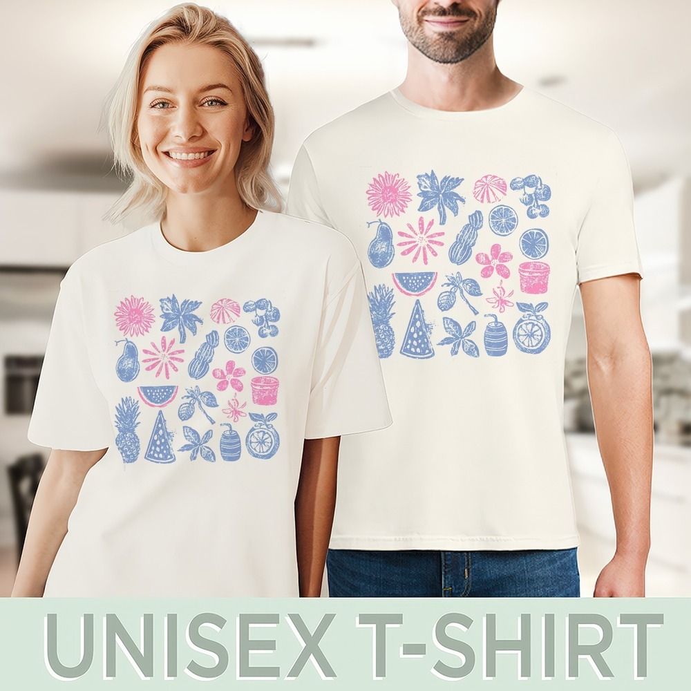 Botanical Stamp Graphic Tee Fruit Flower Block Print Style - Picture 4 of 5